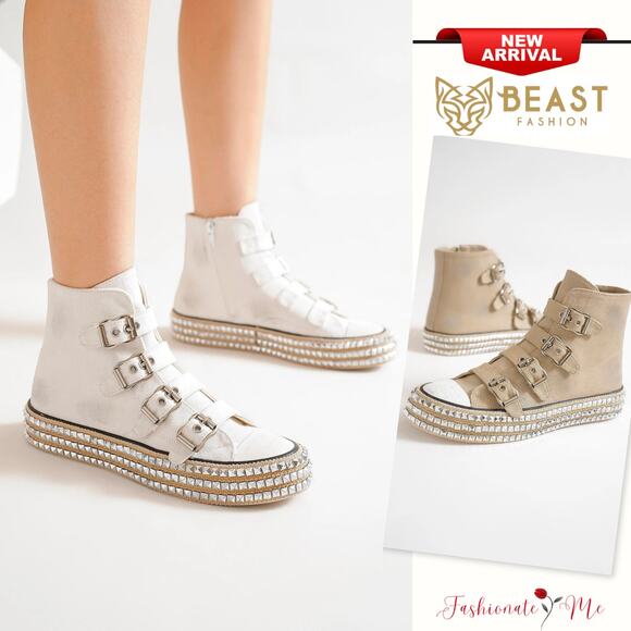 Beast Fashion Multi Buckle Straps Studded Platform Espadrille Sneakers | White - Picture 1 of 6